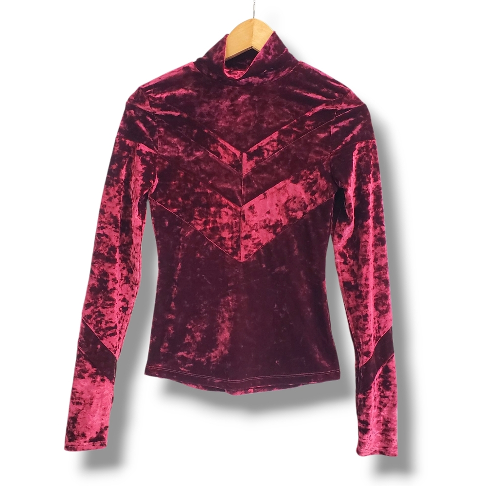 Free People Maroon Crushed Velvet Chevron Fitted Turtleneck Top Size XS